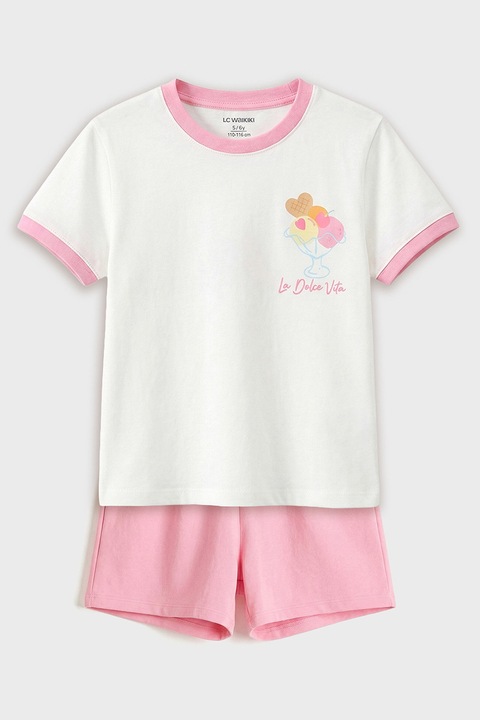 LC WAIKIKI, Set de tricou cu imprimeu pe partea din spate si pantaloni scurti - 2 piese, Alb/Roz