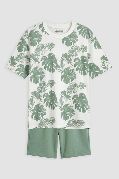 LC WAIKIKI, Trening cu pantaloni scurti cu tricou cu imprimeu tropical, Alb murdar/Verde feriga