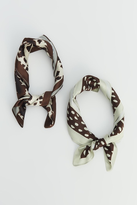 LC WAIKIKI, Set de esarfe din satin cu imprimeu - 2 piese, Maro pamantiu