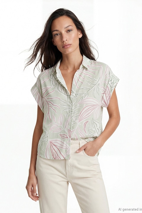 LC WAIKIKI, Camasa cu maneci scurte si imprimeu cu frunze, Verde pal/Roz prafuit