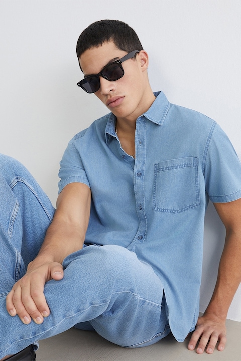 LC WAIKIKI, Camasa din chambray cu maneci scurte, Albastru lavanda