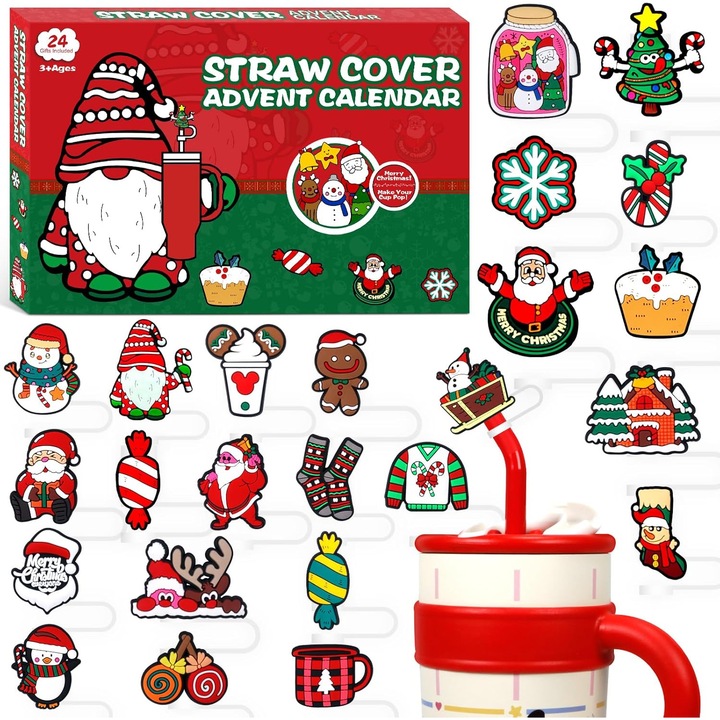 Calendar de Advent de Craciun cu decoruri din paie de 10 mm, calendar de numaratoare inversa de Craciun cu 24 de capace din paie, cadou amuzant de Craciun pentru copii, adolescenti si adulti