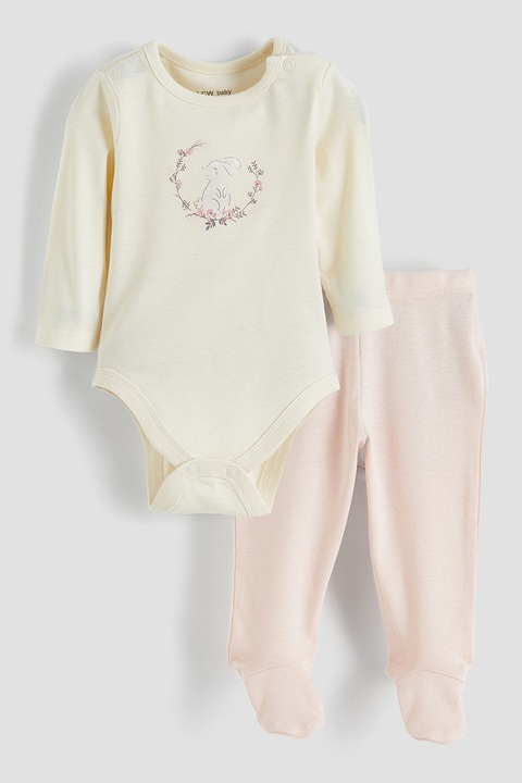 LC WAIKIKI, Set de body cu maneci lungi si pantaloni cu imprimeu grafic - 2 piese, Galben pai/Roz pal