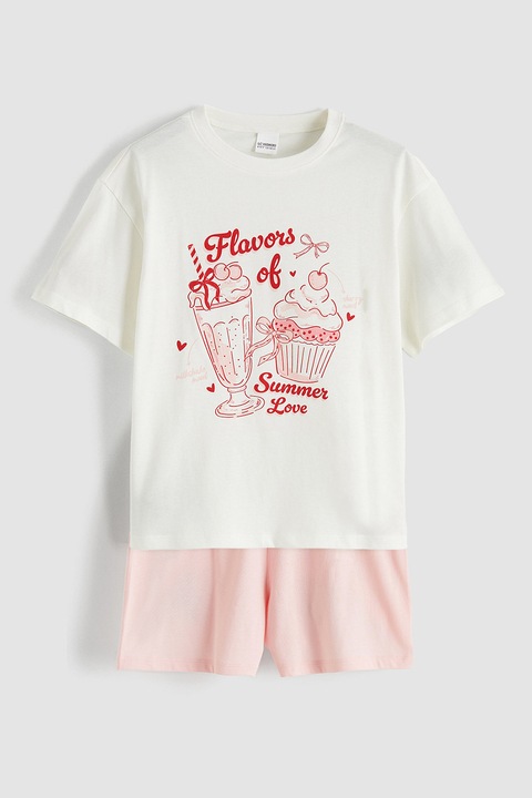 LC WAIKIKI, Pijama scurta cu imprimeu grafic, Roz/Crem