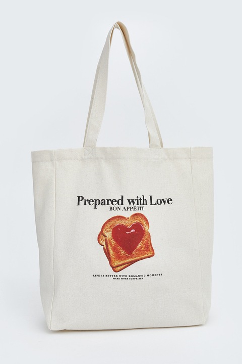 LC WAIKIKI, Geanta tote canvas cu imprimeu grafic, Alb murdar