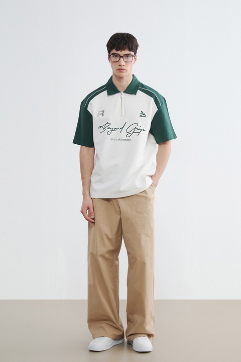 LC WAIKIKI, Tricou polo din amestec de bumbac cu model grafic, Verde englez/Alb optic