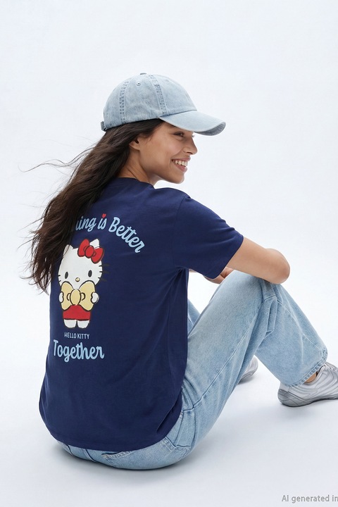 LC WAIKIKI, Tricou lejer din bumbac cu imprimeu Hello Kitty, Bleumarin