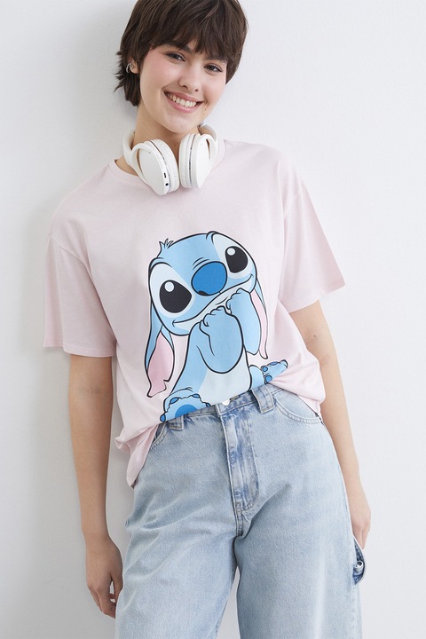 LC WAIKIKI, Tricou din bumbac cu imprimeu cu Stitch, Roz deschis/Albastru