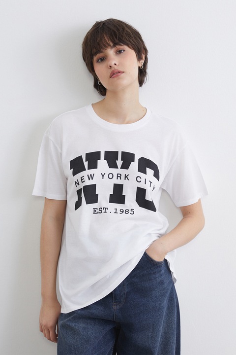 LC WAIKIKI, Tricou lejer cu imprimeu, Alb