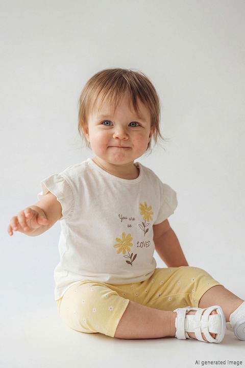 LC WAIKIKI, Set de tricou si colanti scurti cu imprimeu floral, Alb/Galben