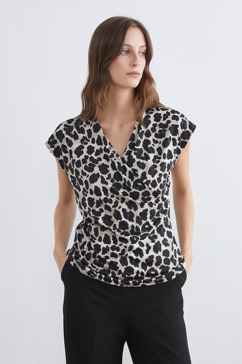 LC WAIKIKI, Bluza cu decolteu in V, maneci scurte si model, Negru/Alb murdar