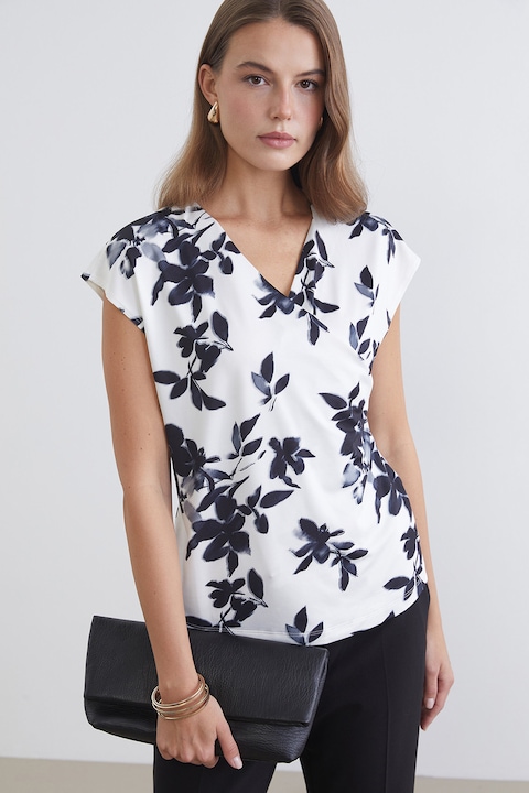 LC WAIKIKI, Bluza cu decolteu in V, maneci scurte si model, Alb/Albastru inchis