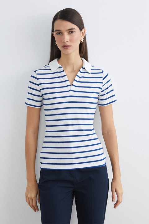 LC WAIKIKI, Tricou polo cu model in dungi, Alb/Bleumarin