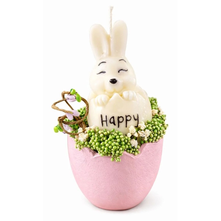 Lumanare decorativă din ceară de soia, iepuraș, suport ceramic în formă de coajă de ou, 15x8x7cm