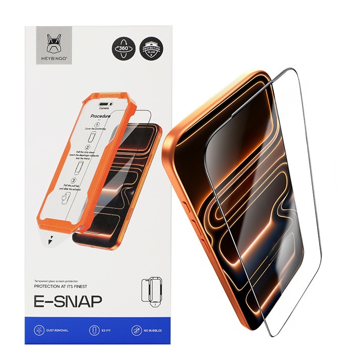 Folie Protectie HD Compatibila cu iPhone 17 Pro, HEYBINGO, E-SNAP, din Sticla Securizata Duritate 9H, Cu Kit de Aplicare Instanta si Functie Automata de Indepartare a Prafului, Rezistenta la zgarieturi, Protectie Ecran Premium