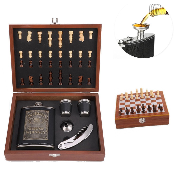 Set Cadou pentru Barbati, Piduules, Tirbuson, Sticla pentru Bautura si Pahare Imbracate in Piele, Cutie si Piese pentru Sah, Folie Neagra