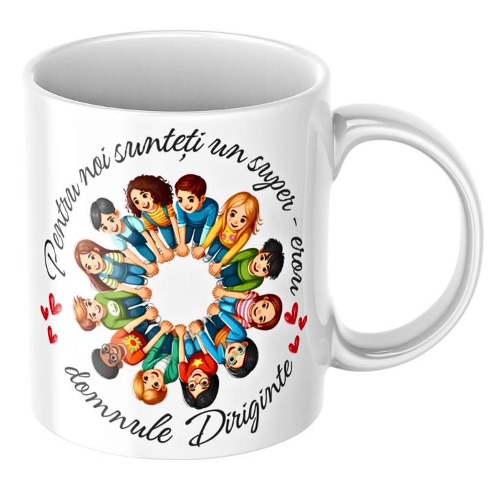 Cana personalizata Pentru noi sunteti un super-erou domnule Diriginte!, alba, ceramica, 330ml