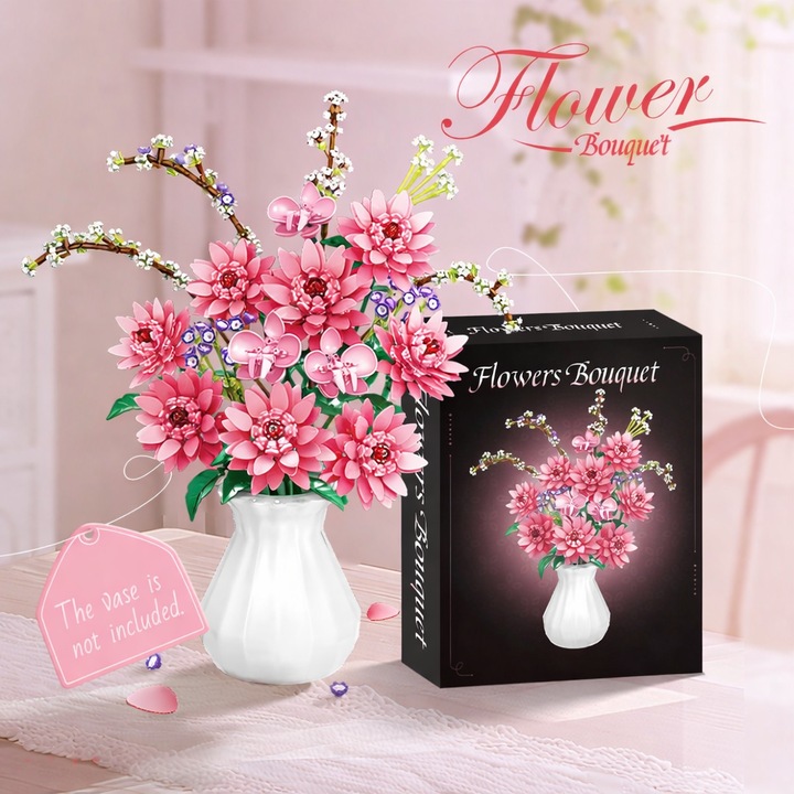 Set de Constructie cu Piese Tip Blocuri Constructie MiniBric® Spring Dahlia Blossom, Colectia Flowers, Pentru Fetite, Flori, Culori Roz, Pastel, 11341- DS, Cadou Ideal Pentru Fete Pasionate de Jucarii de Constructie, 1796 Piese