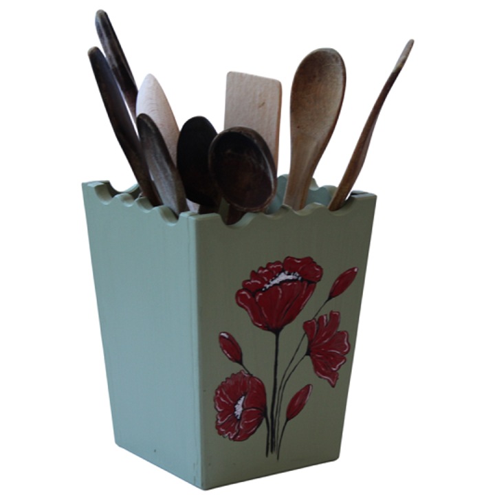 Suport ustensile bucatarie din lemn, pictat manual, organizator linguri si spatule, design rustic cu maci
