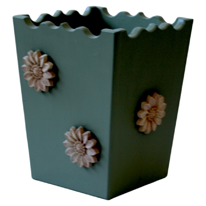 Suport ustensile bucatarie din lemn, pictat manual, verde rustic, organizator linguri si spatule, design rustic cu maci