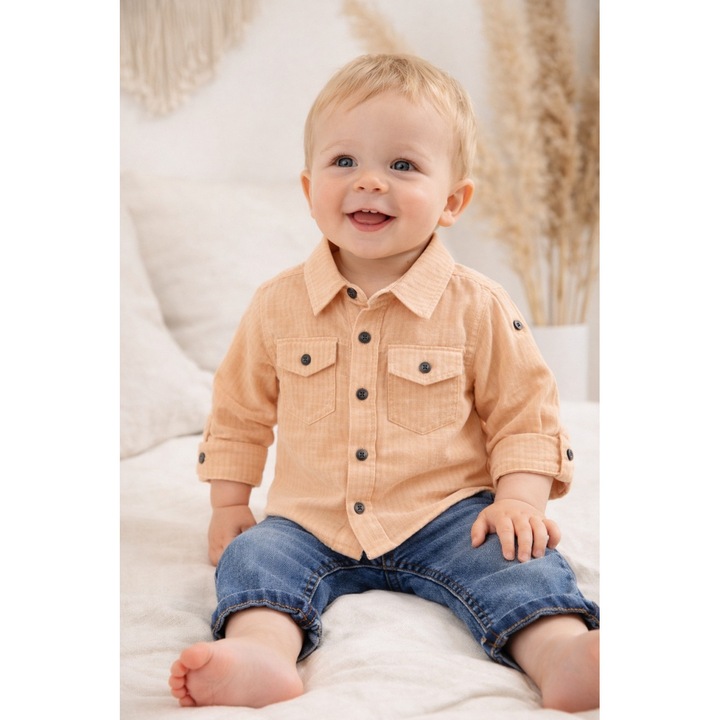 Set bebe baieti camasa maro si blugi compleu copii baiat elegant 2 piese