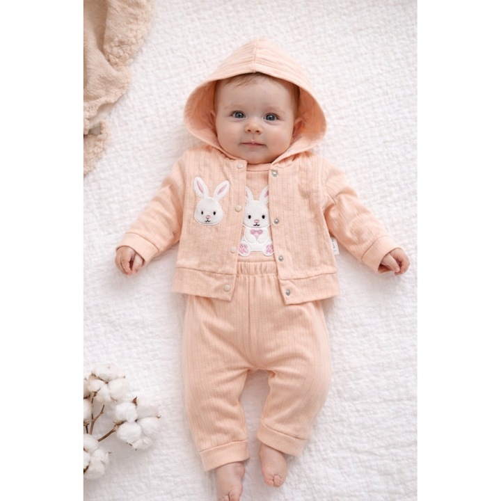 Set bebe fetite 3 piese piersica cu iepuras body pantaloni si hanorac cu gluga