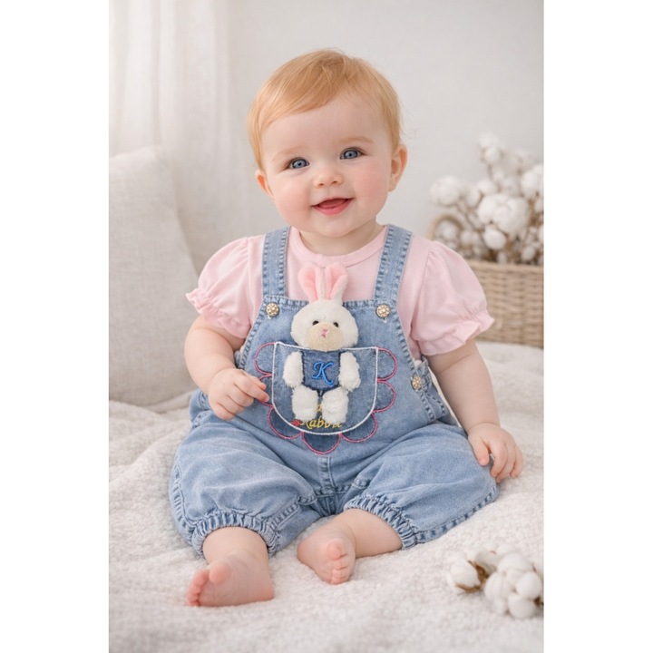 Set bebe fetite salopeta denim cu iepuras si tricou roz, haine bebelusi