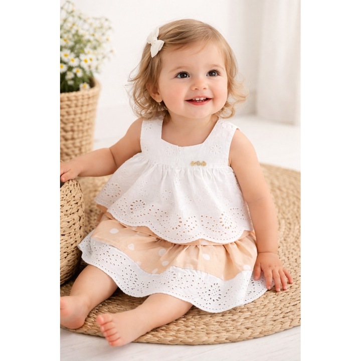 Set elegant fetite bluza brodata si fusta bej buline compleu copii