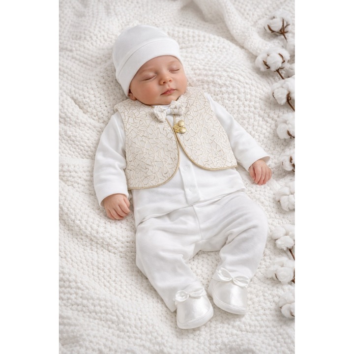Set bebe baiat Lumeria alb-crem-auriu 6 piese, vesta cu papion, 0-3 luni, 56-62 cm, multicolor