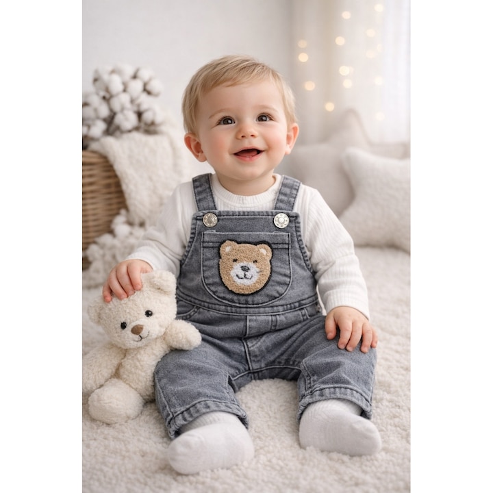 Set bebe baieti salopeta denim gri cu ursulet si bluza cu maneca lunga haine bebe