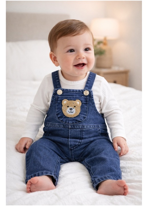 Set baieti, Lumeria, salopeta denim cu ursulet, bluza cu maneca lunga - 69875, Albastru