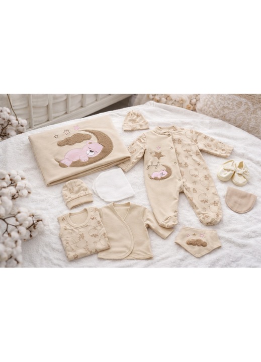 Set nou nascut bebe 10 piese, Lumeria, trusou maternitate crem, bumbac, 0-3 luni