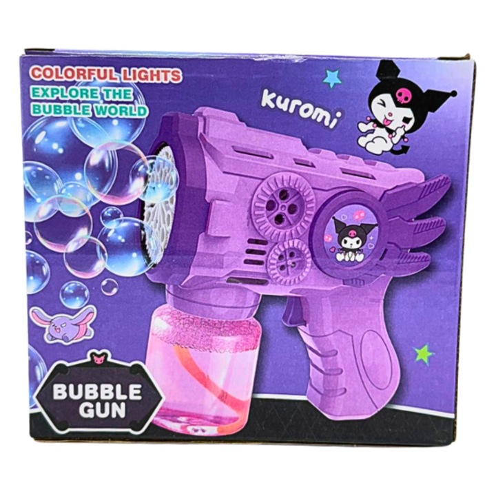 Pistol Automat pentru Baloane de Sapun Kuromi, Bubble Gun cu Lumini, cu Solutie Baloane, Jucarie Copii
