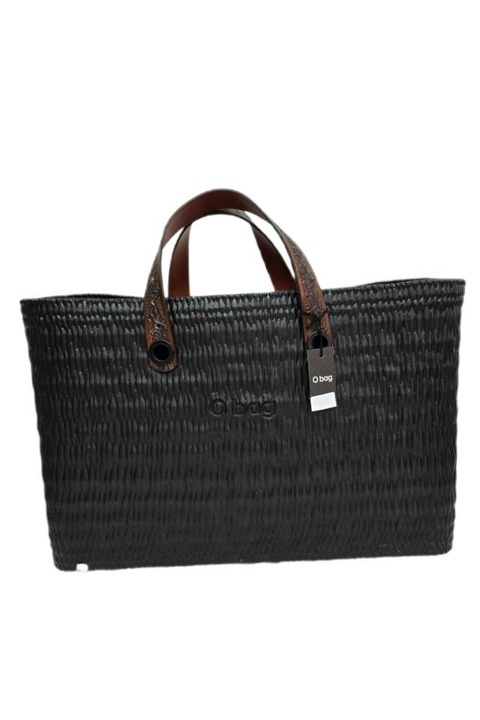 Geantă de mână O bag, neagră, cu mânere maro închis, din poliuretan