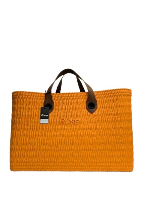 Geanta de mana O bag, portocalie, din poliuretan, manere maro