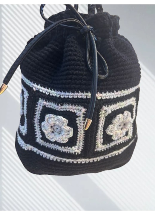 Rucsac crosetat, casual, alb și negru, 35x25cm, 2 barete