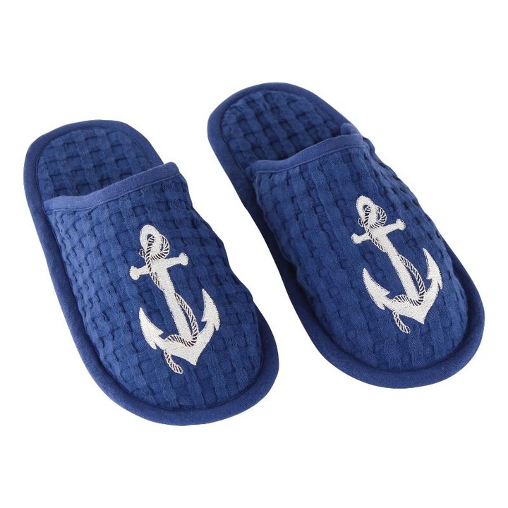 Papuci baie unisex, Sea-club, model cu ancora, bumbac/poliester, albastru, 29x11cm, 1 pereche