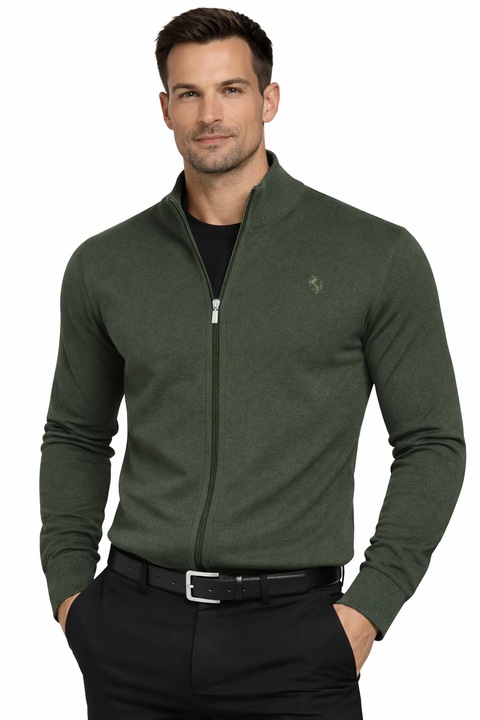 Pulover barbati cardigan cu fermoar, Verde inchis