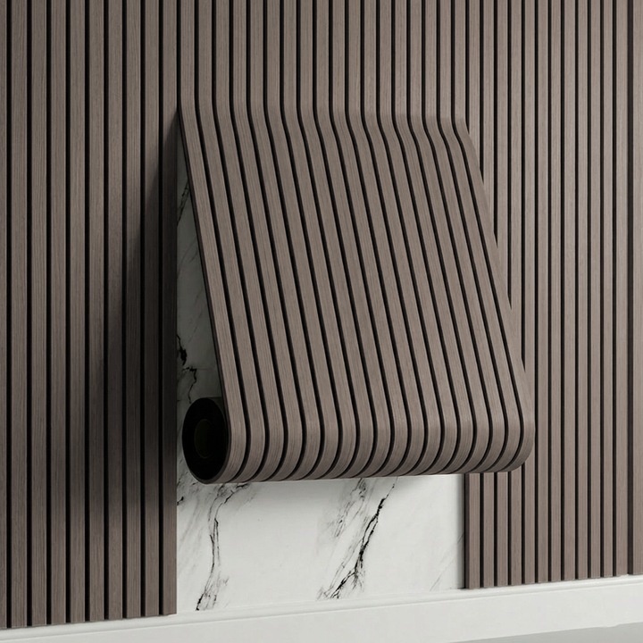 Riflaj 3D Teno®, panou model lemn, suprafata acoperire 1.8 mp, autoadeziva, waterproof, usor de montat, design modern, 60 cm x 3 m, maro gri