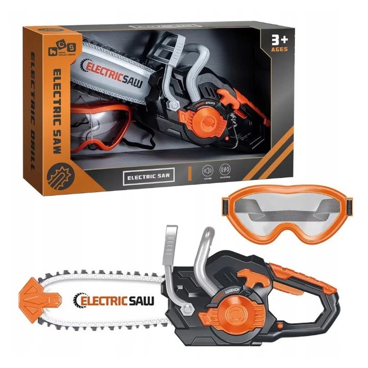 Elektromos játékfűrész védőszemüveggel, valósághű hangokkal és effektekkel, 3+ év