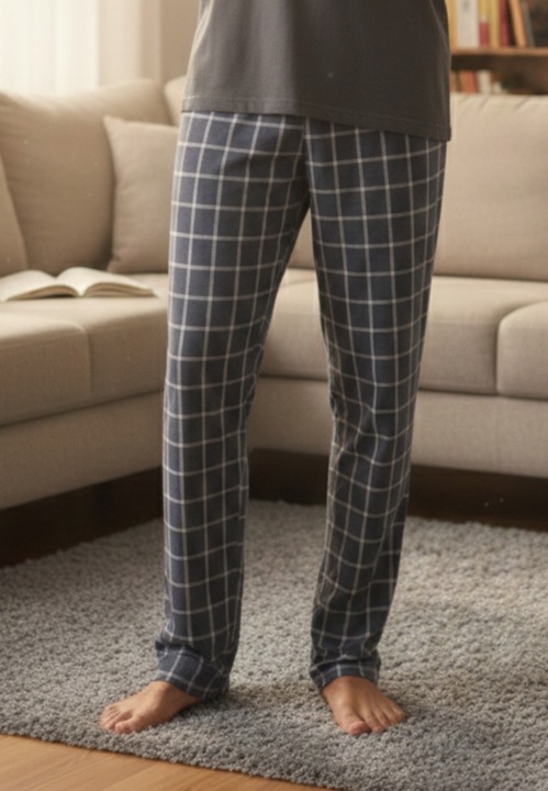 Pantaloni pijama barbati gri inchis cu carouri albe