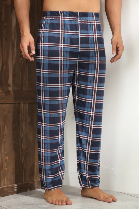 Pantaloni pijama barbati albastru cu carouri rosii si albe, croiala lejera