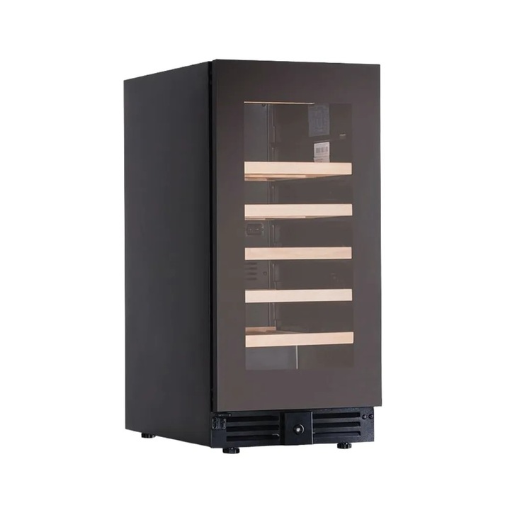 Racitor de vin incorporabil premium KlimaItalia, 32 sticle, 38x82 cm, tehnologie cu compresor, racire ventilata, 5 rafturi lemn natur, temperatura reglabila 2-20°C, dezghetare automata, raft special lichior/ciocolata, iluminare LED, protectie UV, negru
