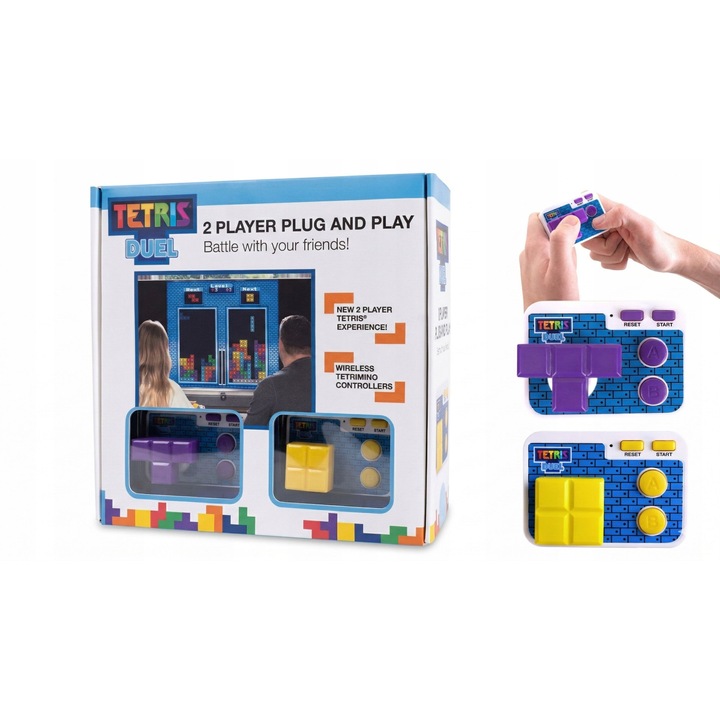 Consola de jocuri TV, Fizz, Tetris Duel, Plug & Play, pentru 2 jucatori, controlere wireless, tehnologie plug & play, efecte sonore originale, dimensiuni compacte, setul include: 2x pad wireless, receptor HDMI, cablu HDMI, cablu USB-C, ambalaj