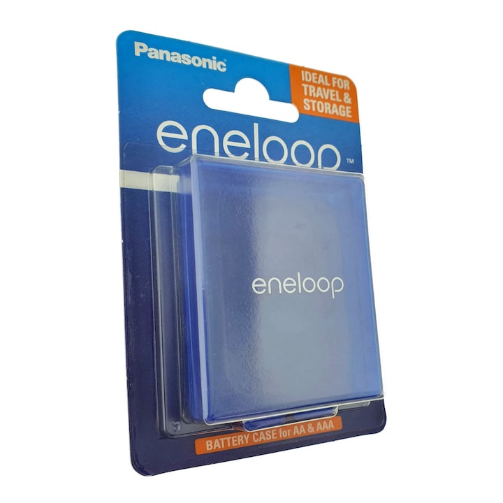 Cutie depozitare pentru 4 baterii AA R6 sau 5 baterii AAA R3, Organizator compact pentru birou, calatorie, cu sistem de deschidere usoara, Eneloop