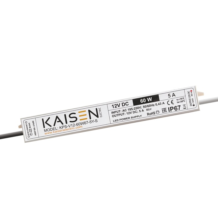 Sursa alimentare LED Kaisen, 12V, 5A, 60W, IP67, Slim, Waterproof, pentru banda LED