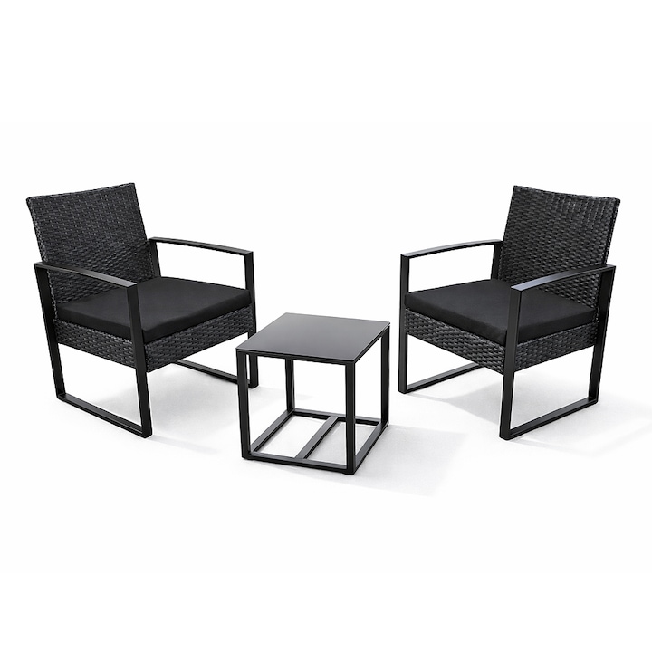 Set Mobilier Kiwari® Terrace, Masa 40 x 40 x 41 cm, 2 Scaune 59 x 63 x 73 cm, Grandina/Terasa/Balcon, Metal/Plastic/Ratan, Cu Perne Incluse, Negru
