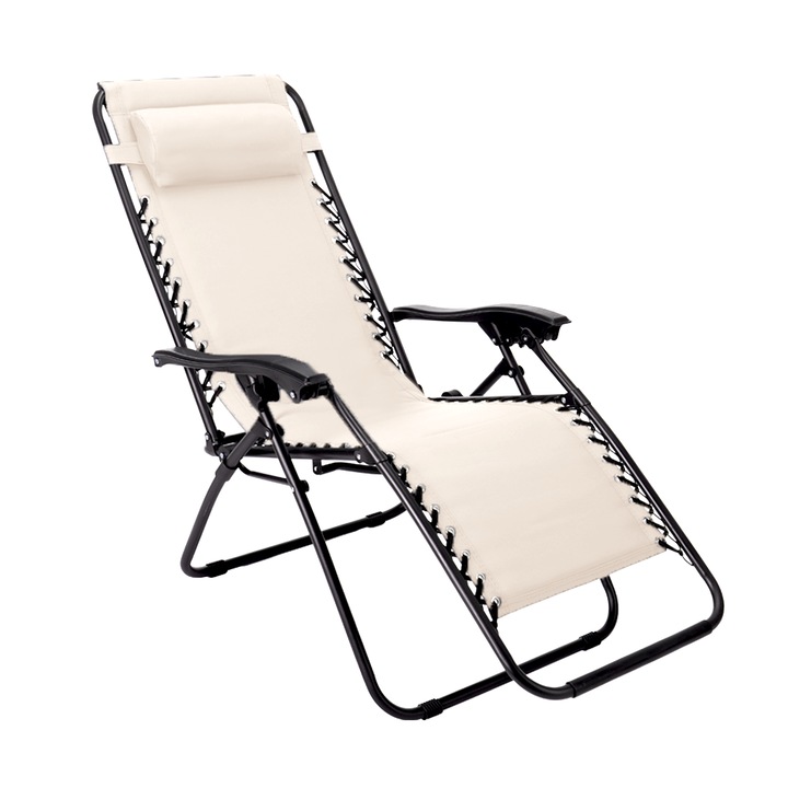 Sezlong Pliabil Kiwari® Beach, 165 x 65 x 113 cm, Gravitatie Zero, Cadru Metalic cu Textil, cu Tetiera, Portabil, Relaxare Plaja/Piscina/Terasa/Balcon, Bej
