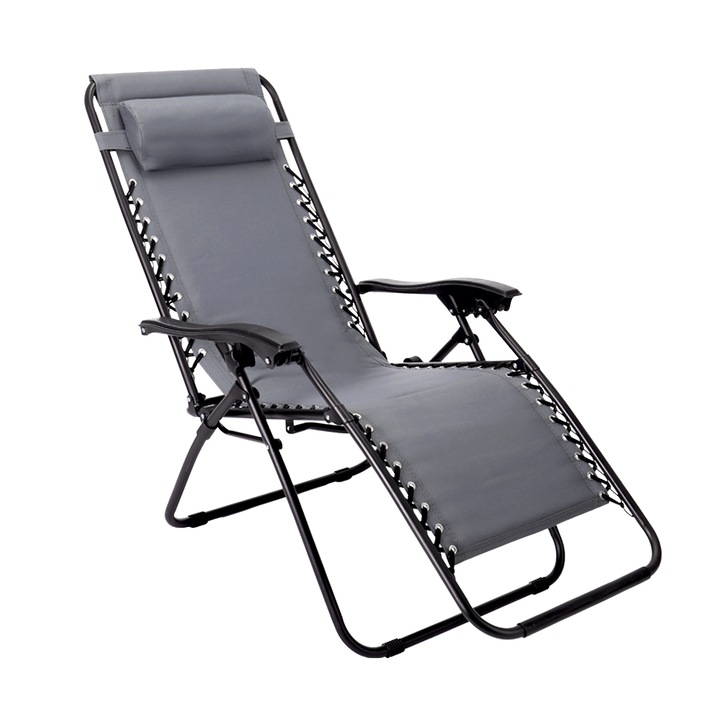Sezlong Pliabil Kiwari® Beach, 165 x 65 x 113 cm, Gravitatie Zero, Cadru Metalic cu Textil, cu Tetiera, Portabil, Relaxare Plaja/Piscina/Terasa/Balcon, Gri