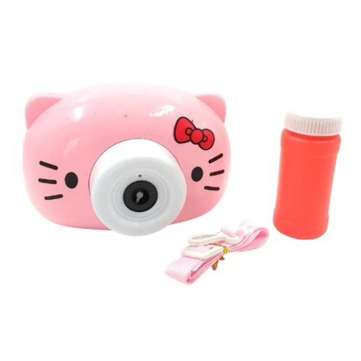 Aparat Baloane de Sapun pentru Copii, Model Pisicuta Roz, Camera Automata Bule, Cu Solutie si Snur, Jucarie Distractiva